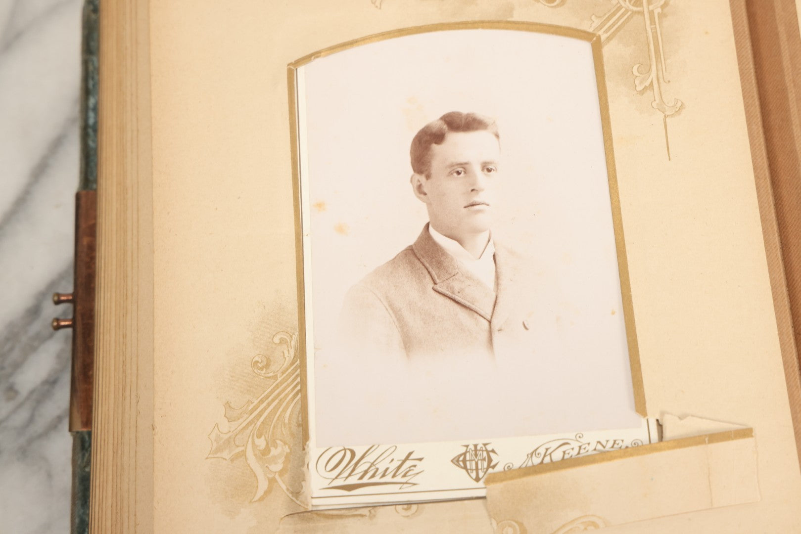 Lot 082 - Antique Cabinet Card And Carte De Visite C.D.V. Photograph Album With 24 Cabinet Card Photographs, Light Blue Velvet Covers With White Celluloid Floral Appliqué, Missing Clasp