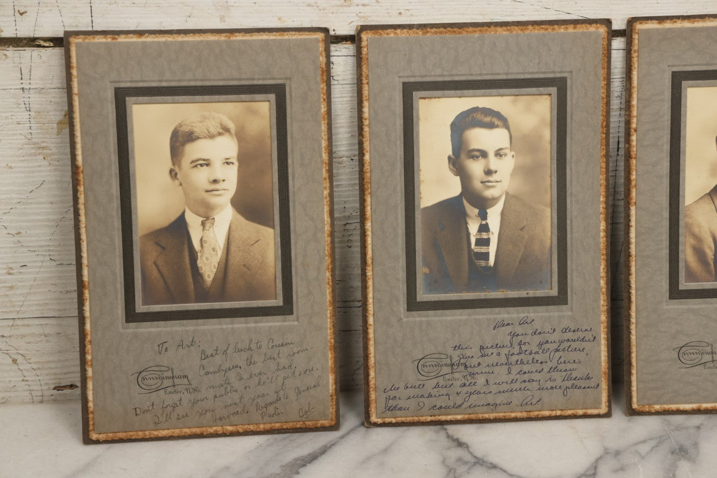 Lot 089 - Grouping Of Six Vintage Boarded Studio Portrait Photographs Of Exeter Fraternity Classmates Of Arthur T. Howard, Each Inscribed, Cunningham Exeter New Hampshire