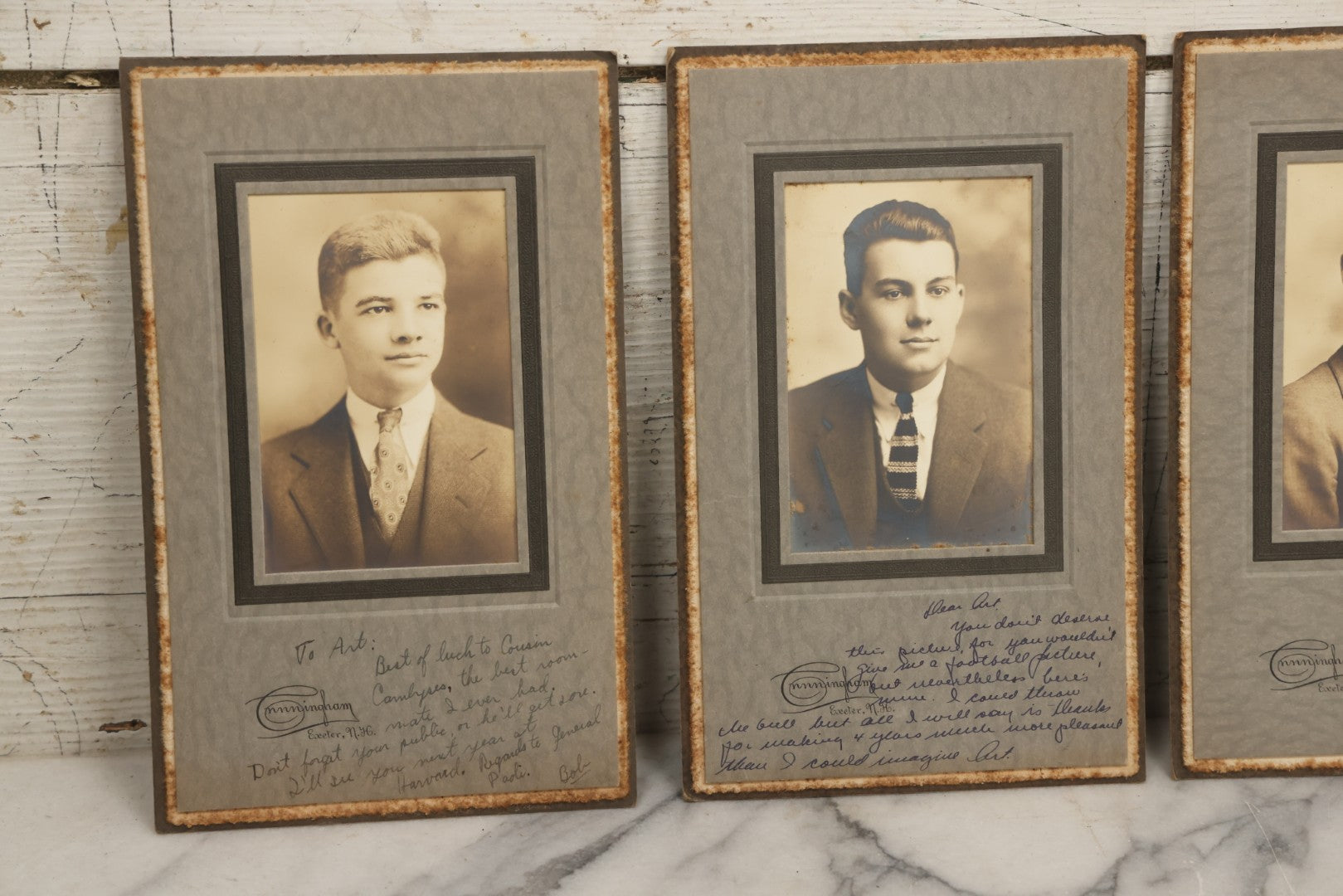Lot 089 - Grouping Of Six Vintage Boarded Studio Portrait Photographs Of Exeter Fraternity Classmates Of Arthur T. Howard, Each Inscribed, Cunningham Exeter New Hampshire