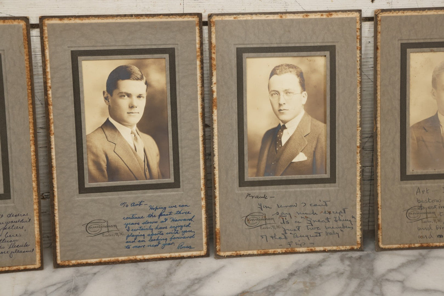 Lot 089 - Grouping Of Six Vintage Boarded Studio Portrait Photographs Of Exeter Fraternity Classmates Of Arthur T. Howard, Each Inscribed, Cunningham Exeter New Hampshire