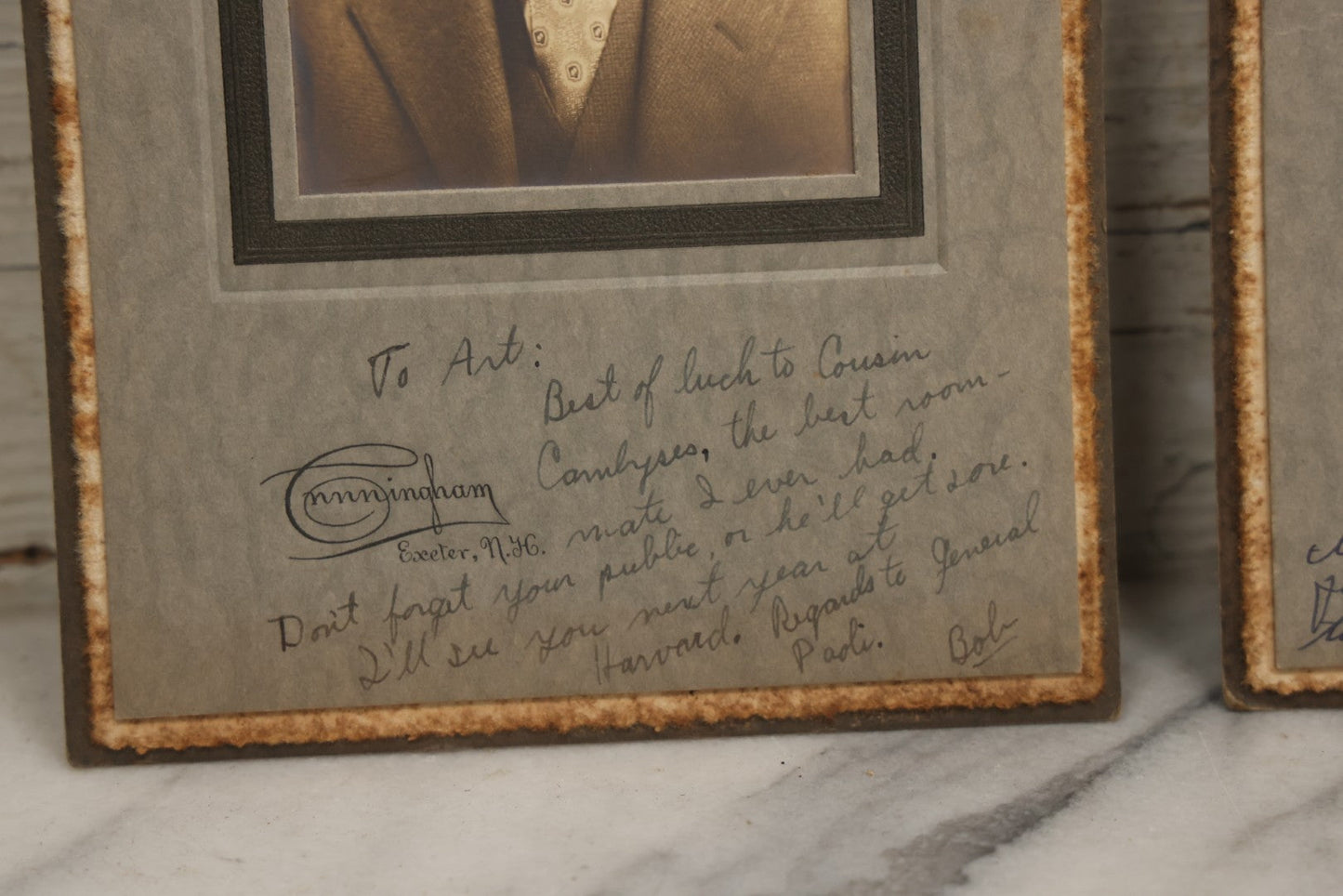 Lot 089 - Grouping Of Six Vintage Boarded Studio Portrait Photographs Of Exeter Fraternity Classmates Of Arthur T. Howard, Each Inscribed, Cunningham Exeter New Hampshire