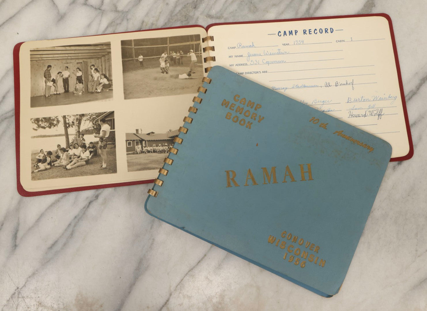 Lot 090 - Pair Of Vintage Camp Ramah Memory Books From Conover Wisconsin 1954 And 1956, Filled Out By Camper Jerome Weinstein, Mobile Photo Service Chicago