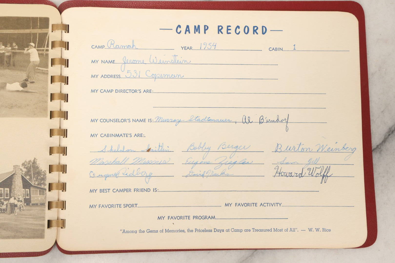 Lot 090 - Pair Of Vintage Camp Ramah Memory Books From Conover Wisconsin 1954 And 1956, Filled Out By Camper Jerome Weinstein, Mobile Photo Service Chicago