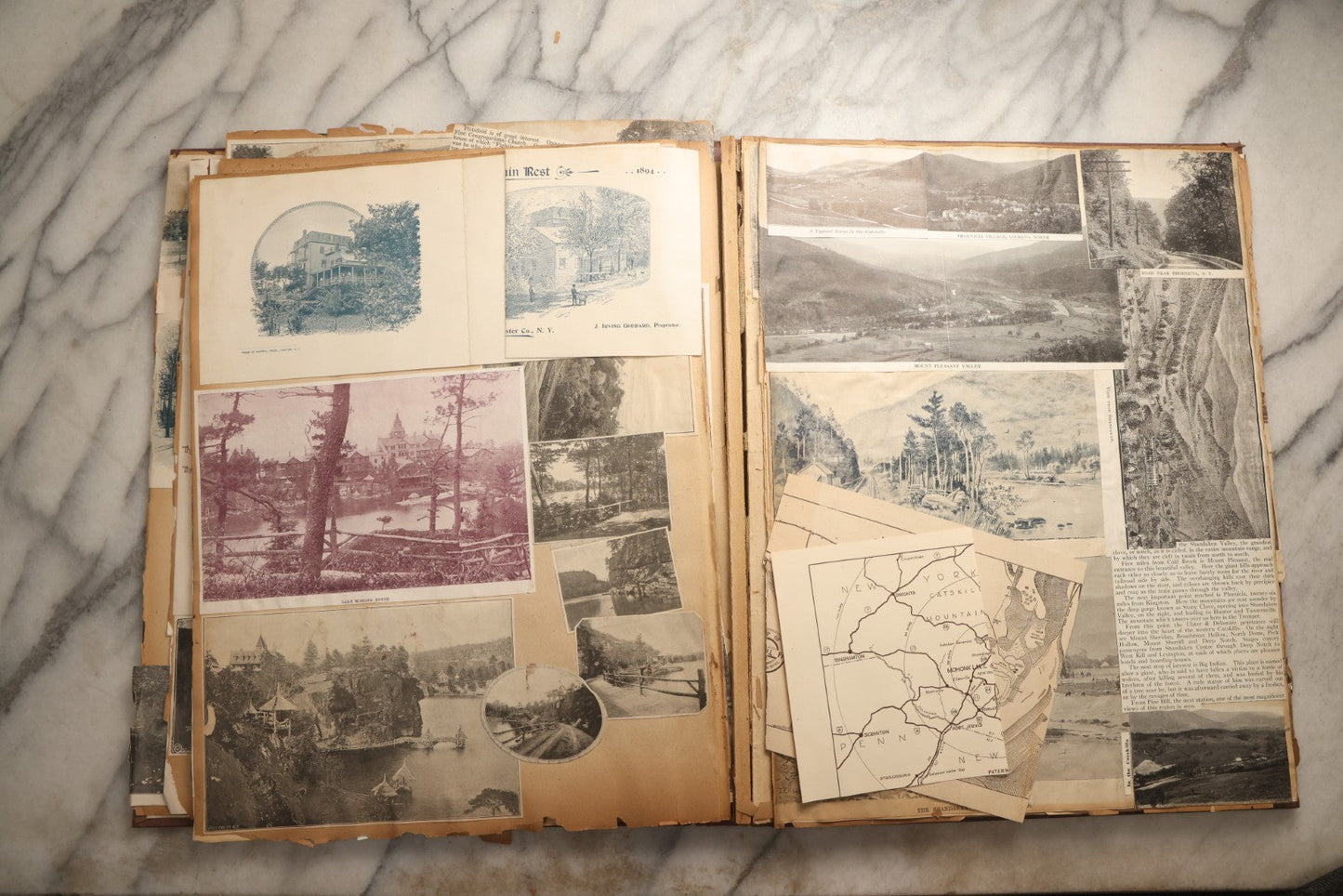 Lot 094 - Antique Upstate New York And Berkshires Travel Scrapbook With Hudson River And Lake Champlain Ephemera, Circa 1893, Note Pages Brittle And Detached, Binding Mostly Separated From Covers