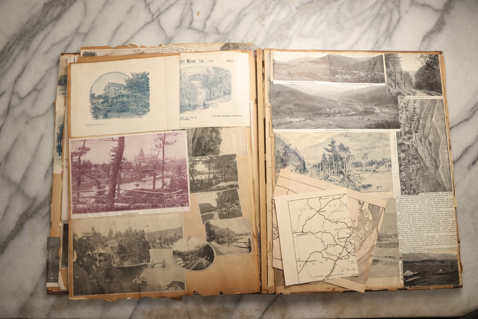 Lot 094 - Antique Upstate New York And Berkshires Travel Scrapbook With Hudson River And Lake Champlain Ephemera, Circa 1893, Note Pages Brittle And Detached, Binding Mostly Separated From Covers