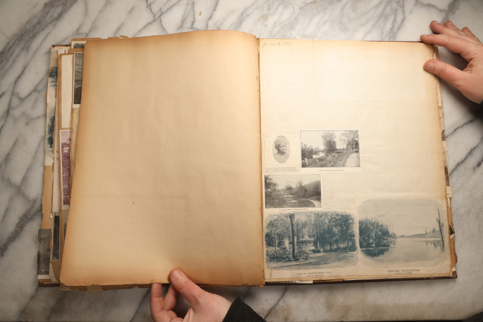 Lot 094 - Antique Upstate New York And Berkshires Travel Scrapbook With Hudson River And Lake Champlain Ephemera, Circa 1893, Note Pages Brittle And Detached, Binding Mostly Separated From Covers