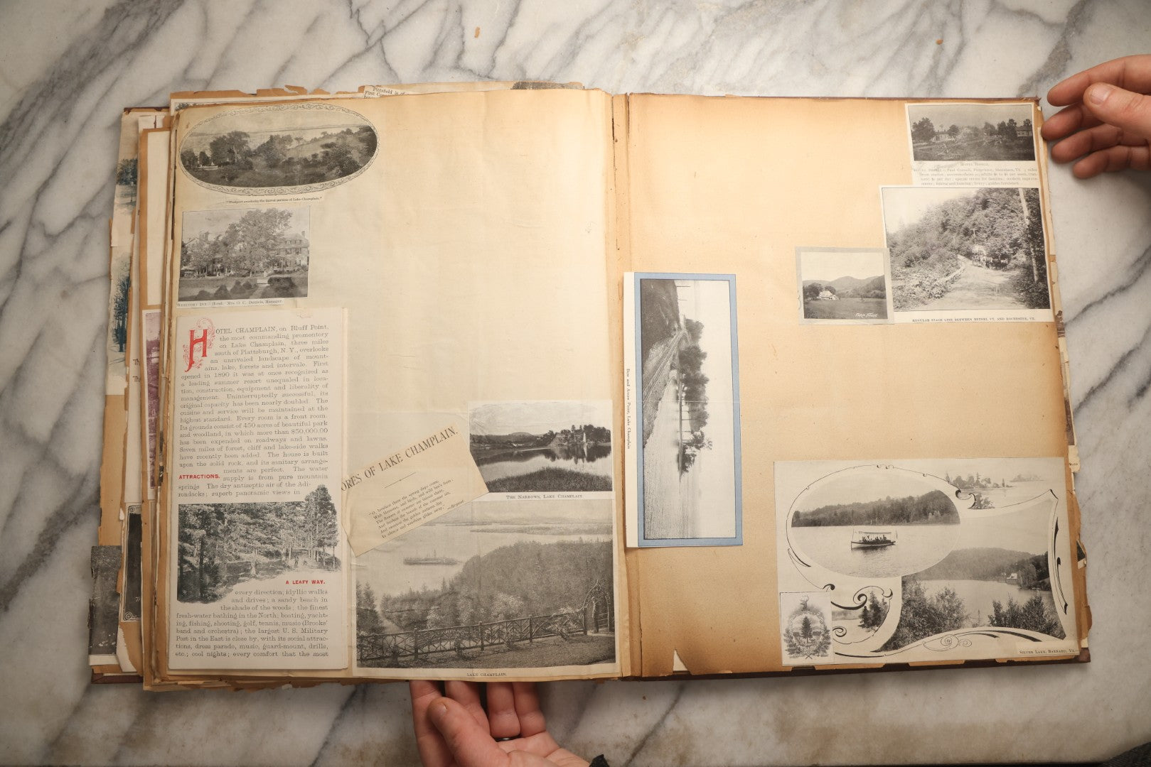 Lot 094 - Antique Upstate New York And Berkshires Travel Scrapbook With Hudson River And Lake Champlain Ephemera, Circa 1893, Note Pages Brittle And Detached, Binding Mostly Separated From Covers