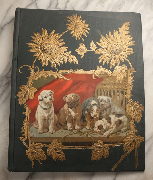 Lot 096 - Antique "The Nonpareil" Scrapbook, Puppies Illustration On Cover, With 100+ Trade Cards, Die Cuts, And Greeting Cards Featuring Children, Butterflies, And Flowers, Circa 1900-1906, Note Binding Detached