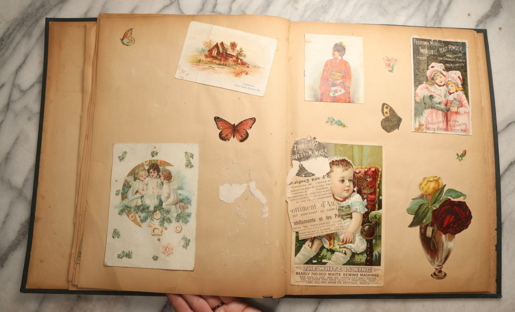 Lot 096 - Antique "The Nonpareil" Scrapbook, Puppies Illustration On Cover, With 100+ Trade Cards, Die Cuts, And Greeting Cards Featuring Children, Butterflies, And Flowers, Circa 1900-1906, Note Binding Detached