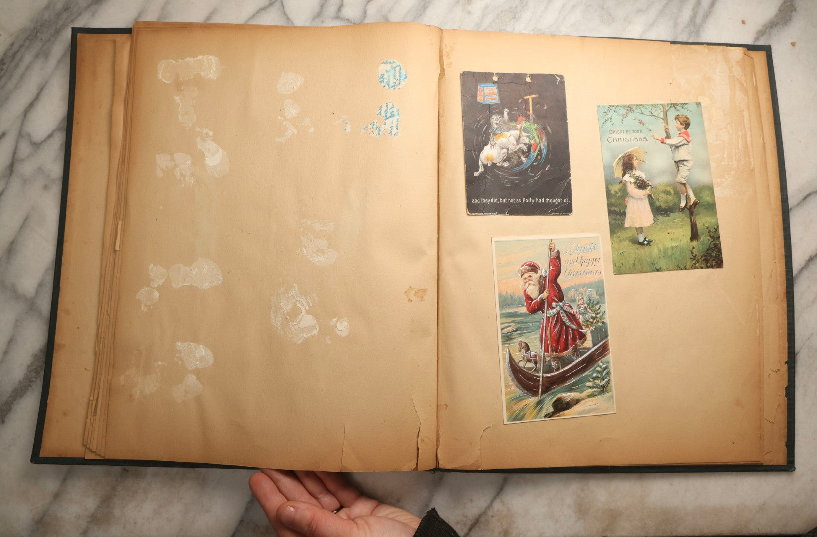 Lot 096 - Antique "The Nonpareil" Scrapbook, Puppies Illustration On Cover, With 100+ Trade Cards, Die Cuts, And Greeting Cards Featuring Children, Butterflies, And Flowers, Circa 1900-1906, Note Binding Detached