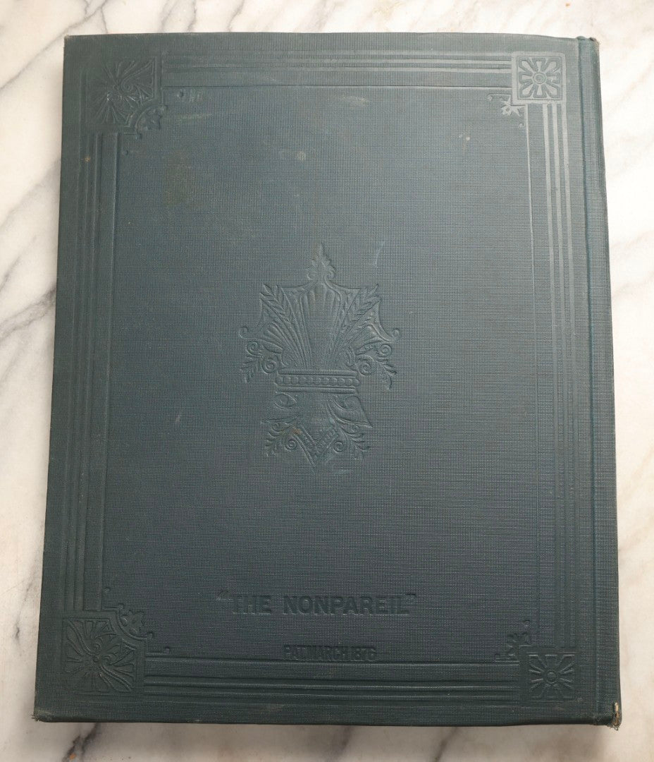 Lot 096 - Antique "The Nonpareil" Scrapbook, Puppies Illustration On Cover, With 100+ Trade Cards, Die Cuts, And Greeting Cards Featuring Children, Butterflies, And Flowers, Circa 1900-1906, Note Binding Detached