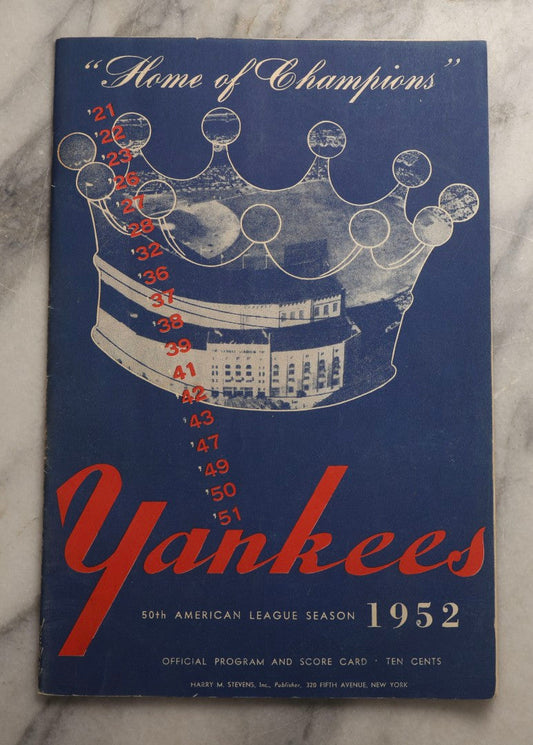 Lot 113 - Vintage 1952 New York Yankees Official Program And Score Card, “Home Of Champions,” 50th American League Season