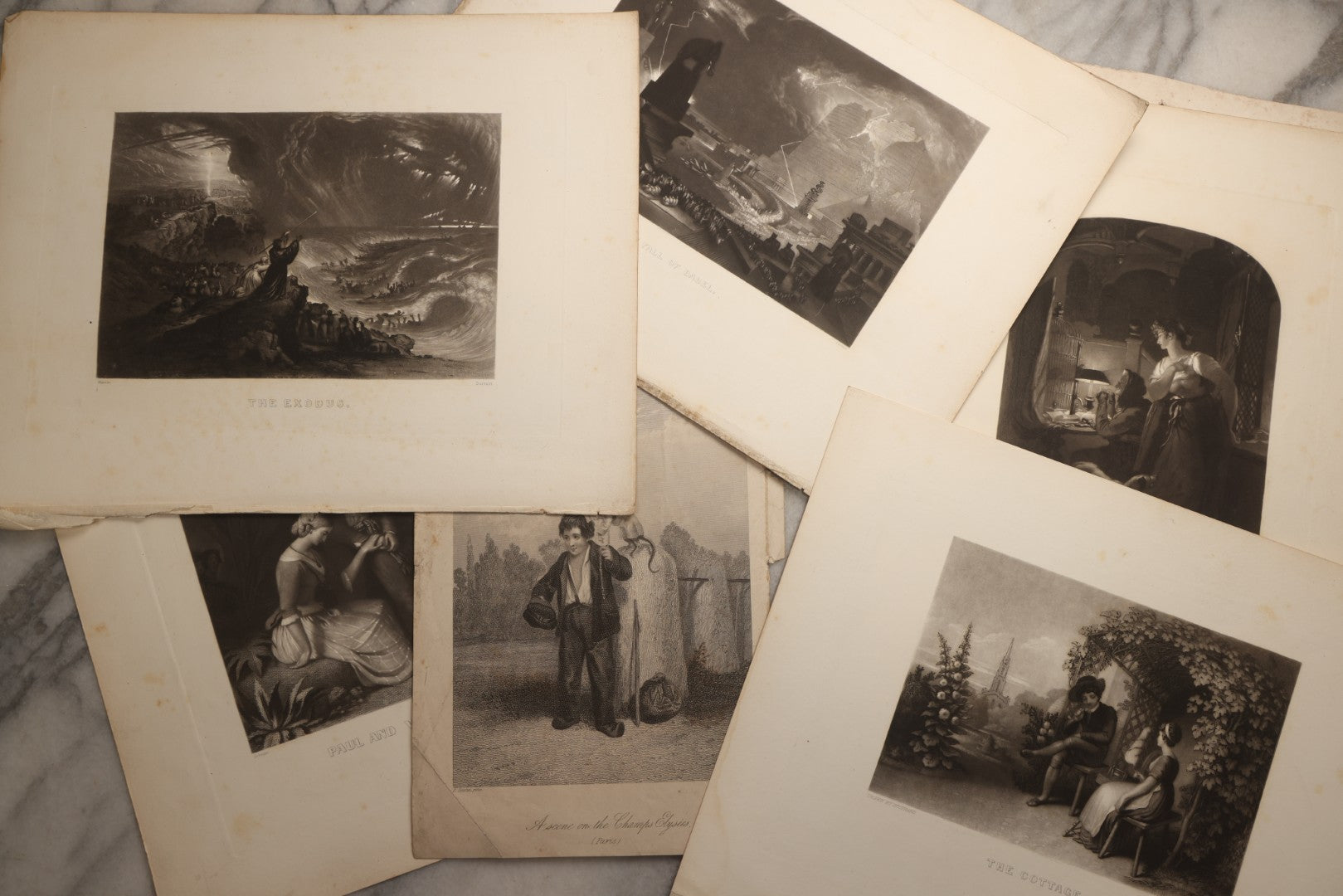 Lot 114 - Grouping Of Eight Antique Loose-Leaf Engraved Book Plates, Including Biblical Scenes Including The Exodus And The Fall Of Babel, Literary Scenes, And More