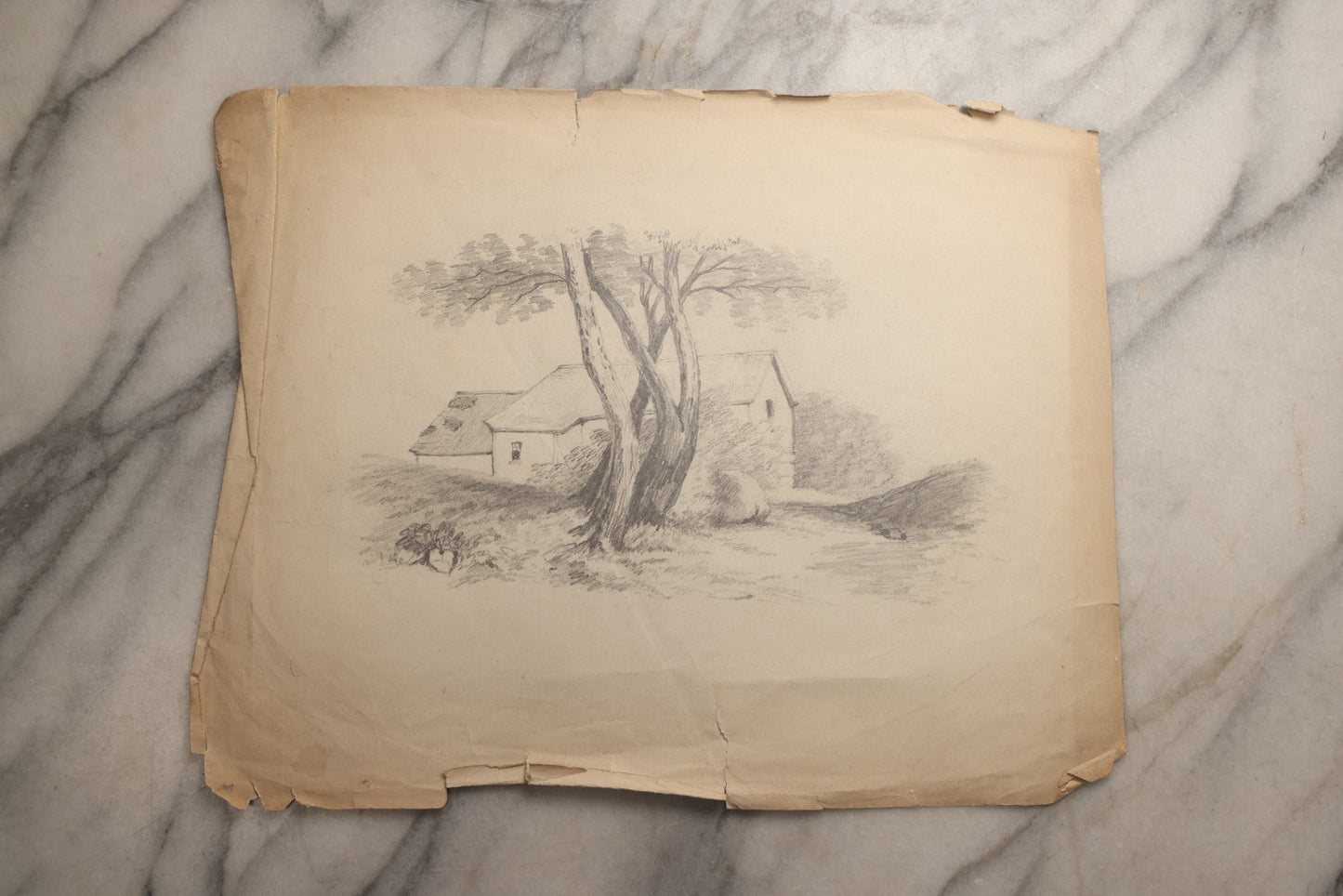 Lot 115 - Grouping Of Eight Antique Hand-Drawn Pencil Landscape Sketches Including Niagara Falls, Rocky Pastures, And American Domestic Exterior Scenes, With One Dated 1852 Depicting A Large American House