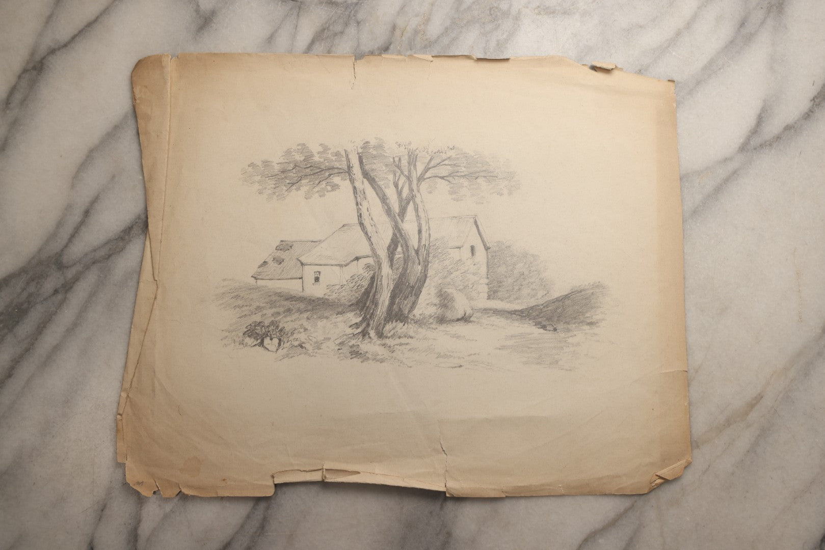 Lot 115 - Grouping Of Eight Antique Hand-Drawn Pencil Landscape Sketches Including Niagara Falls, Rocky Pastures, And American Domestic Exterior Scenes, With One Dated 1852 Depicting A Large American House