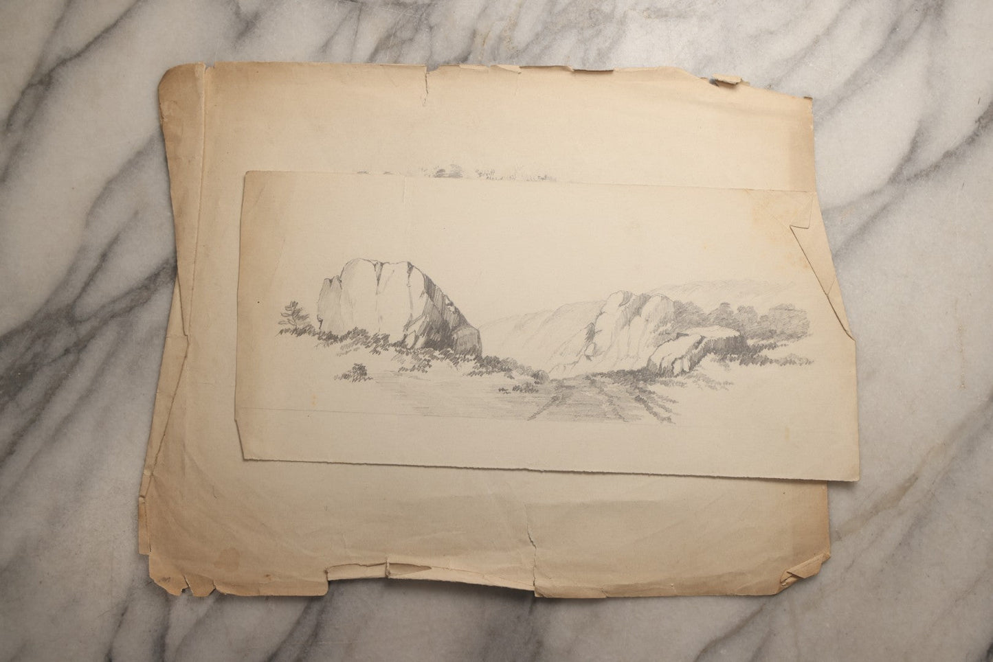 Lot 115 - Grouping Of Eight Antique Hand-Drawn Pencil Landscape Sketches Including Niagara Falls, Rocky Pastures, And American Domestic Exterior Scenes, With One Dated 1852 Depicting A Large American House