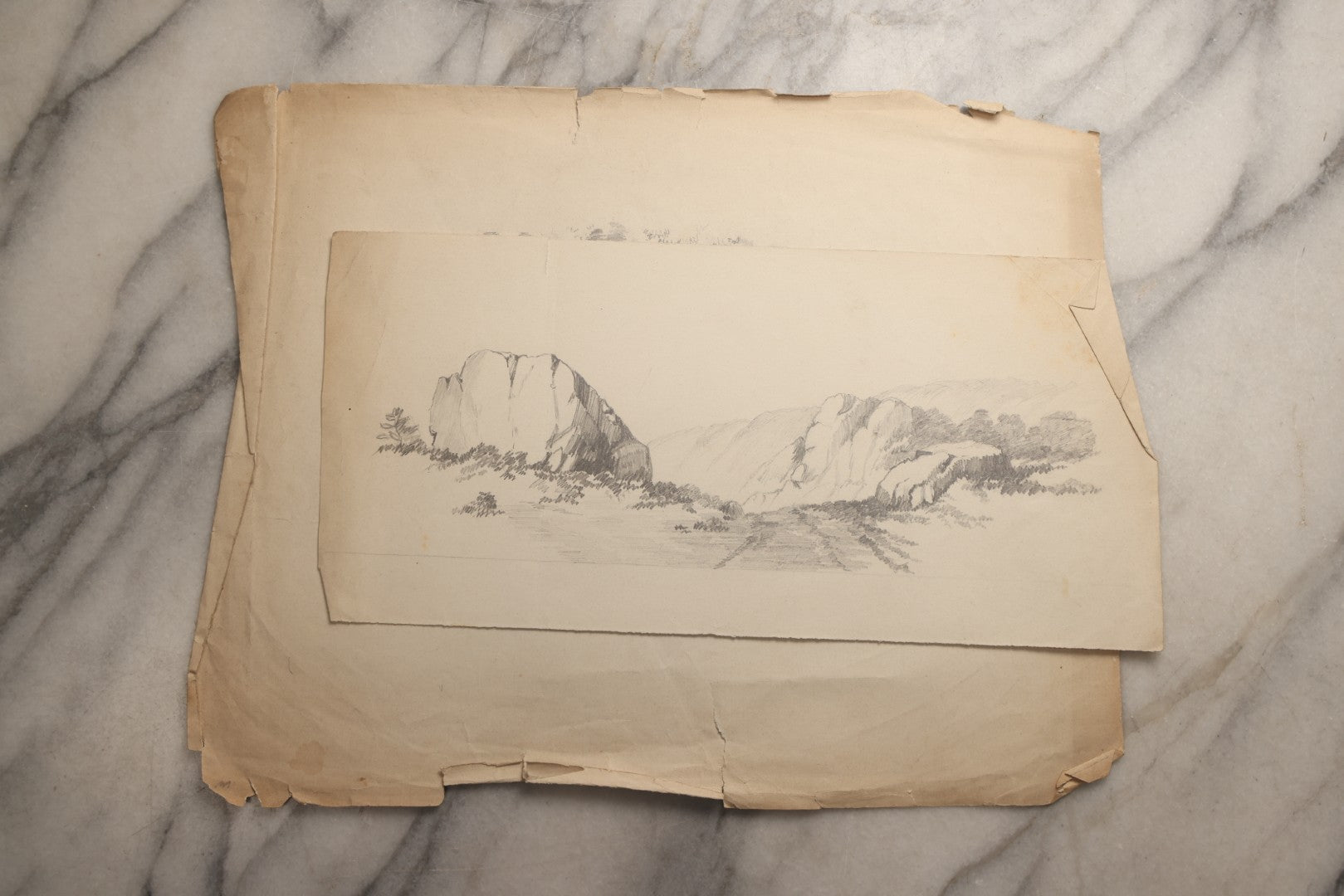 Lot 115 - Grouping Of Eight Antique Hand-Drawn Pencil Landscape Sketches Including Niagara Falls, Rocky Pastures, And American Domestic Exterior Scenes, With One Dated 1852 Depicting A Large American House