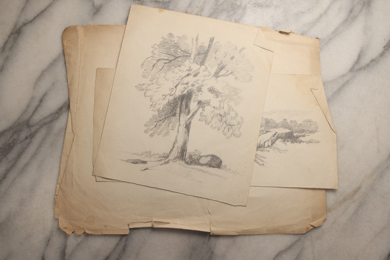Lot 115 - Grouping Of Eight Antique Hand-Drawn Pencil Landscape Sketches Including Niagara Falls, Rocky Pastures, And American Domestic Exterior Scenes, With One Dated 1852 Depicting A Large American House
