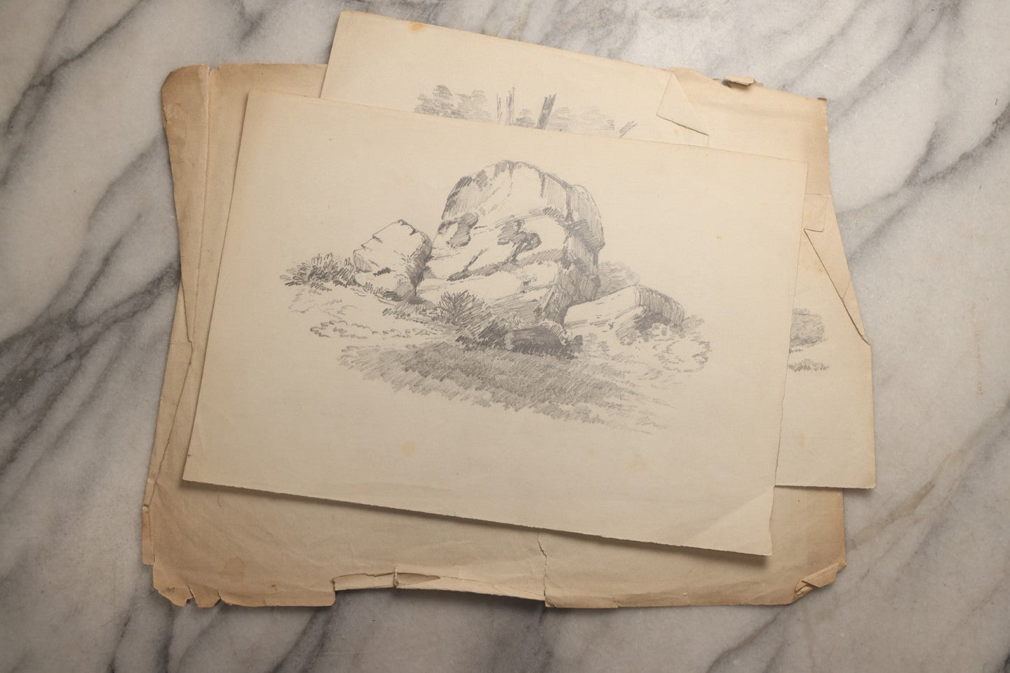 Lot 115 - Grouping Of Eight Antique Hand-Drawn Pencil Landscape Sketches Including Niagara Falls, Rocky Pastures, And American Domestic Exterior Scenes, With One Dated 1852 Depicting A Large American House