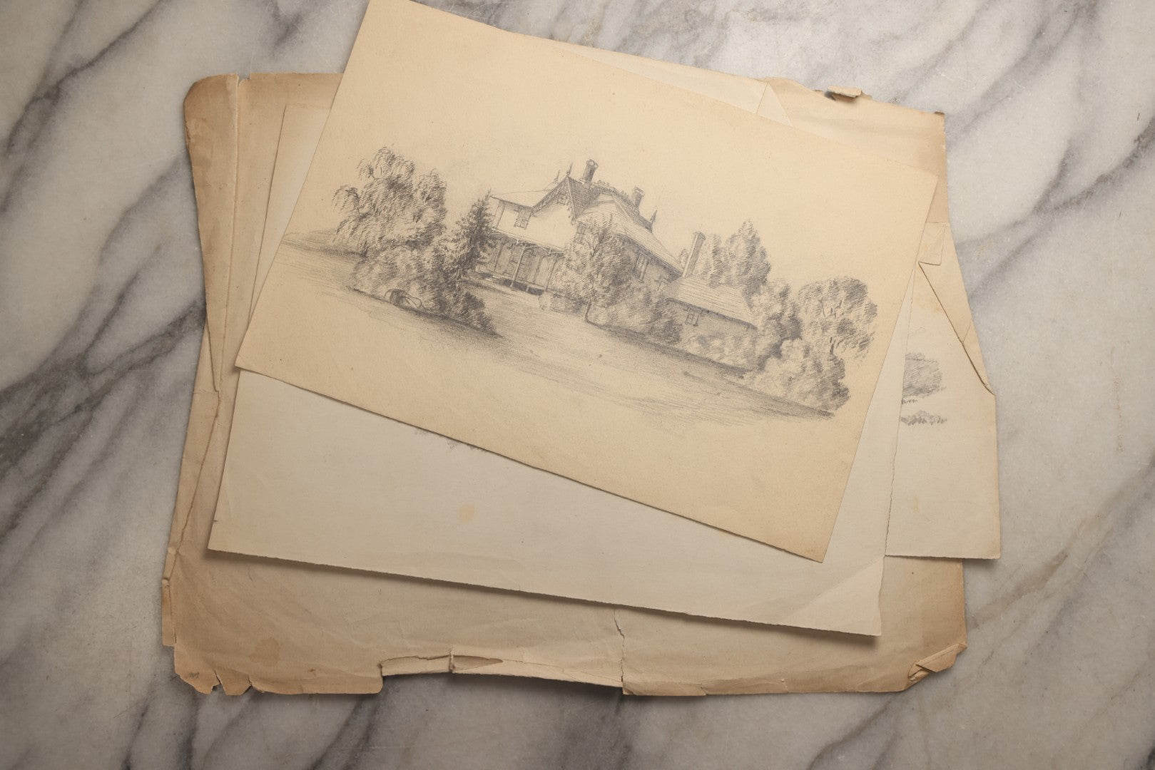 Lot 115 - Grouping Of Eight Antique Hand-Drawn Pencil Landscape Sketches Including Niagara Falls, Rocky Pastures, And American Domestic Exterior Scenes, With One Dated 1852 Depicting A Large American House