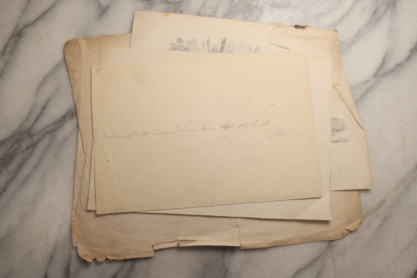 Lot 115 - Grouping Of Eight Antique Hand-Drawn Pencil Landscape Sketches Including Niagara Falls, Rocky Pastures, And American Domestic Exterior Scenes, With One Dated 1852 Depicting A Large American House