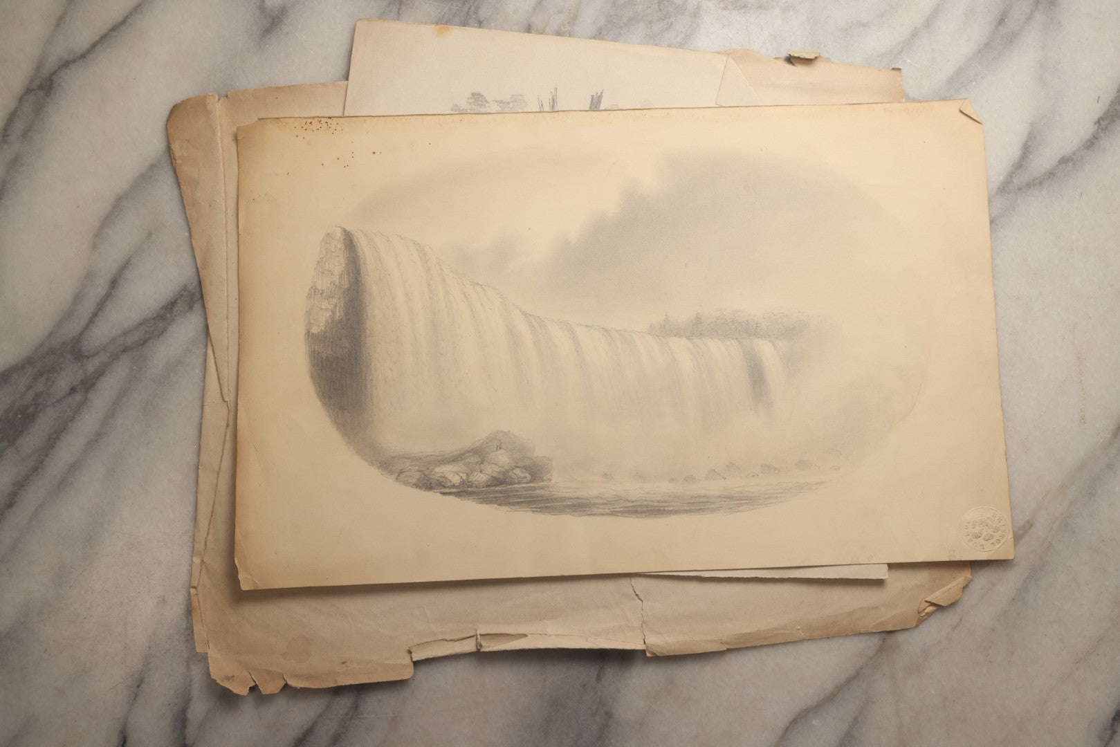 Lot 115 - Grouping Of Eight Antique Hand-Drawn Pencil Landscape Sketches Including Niagara Falls, Rocky Pastures, And American Domestic Exterior Scenes, With One Dated 1852 Depicting A Large American House