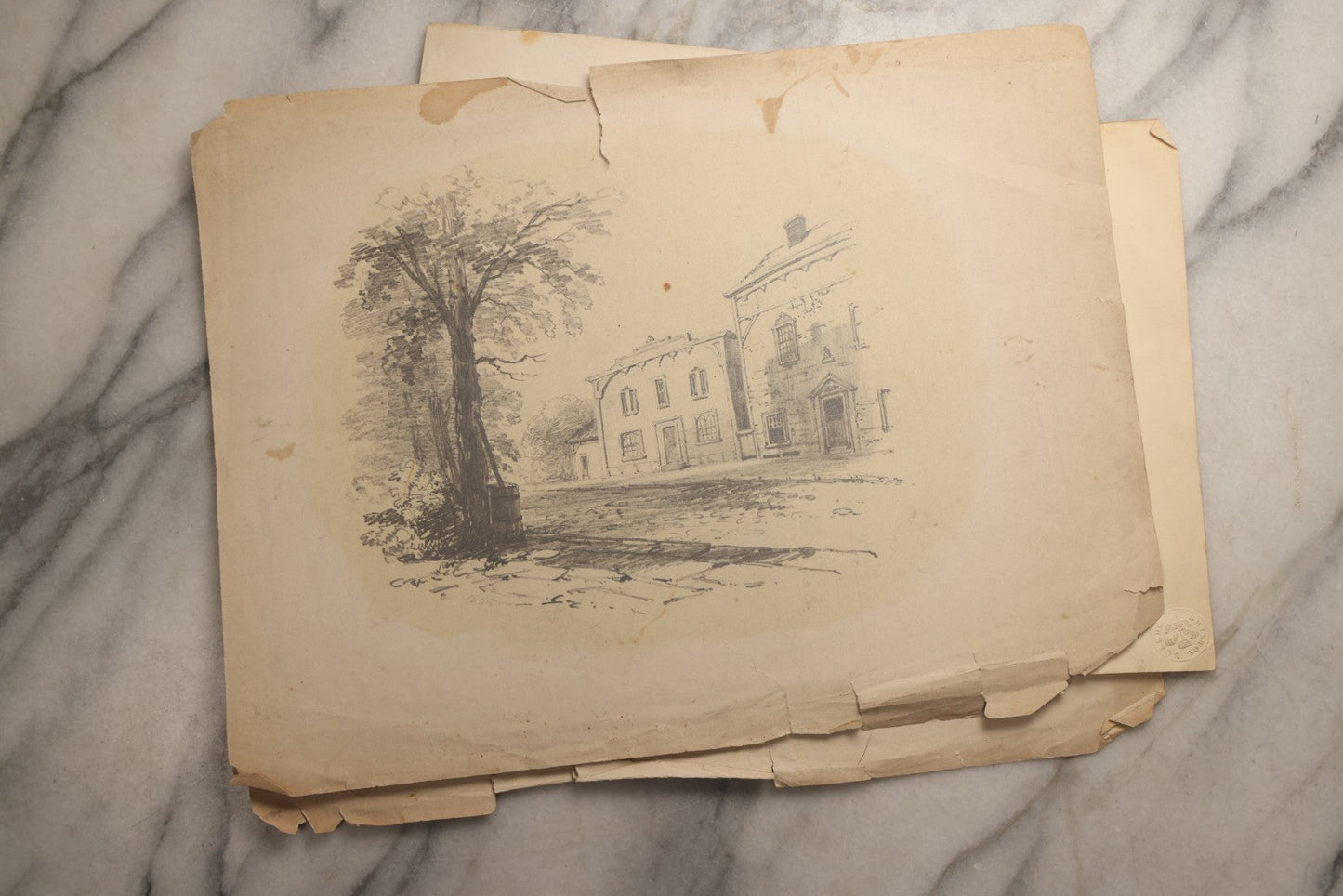 Lot 115 - Grouping Of Eight Antique Hand-Drawn Pencil Landscape Sketches Including Niagara Falls, Rocky Pastures, And American Domestic Exterior Scenes, With One Dated 1852 Depicting A Large American House