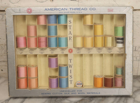Lot 116 - Antique Star Twist Silver Thread Display Case With Hinged Lid, Pastel Colored Cotton Thread On Wooden Spools, And Ribbon Supports, American Thread Co., Fall River, Massachusetts