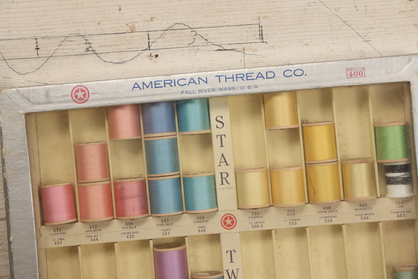 Lot 116 - Antique Star Twist Silver Thread Display Case With Hinged Lid, Pastel Colored Cotton Thread On Wooden Spools, And Ribbon Supports, American Thread Co., Fall River, Massachusetts