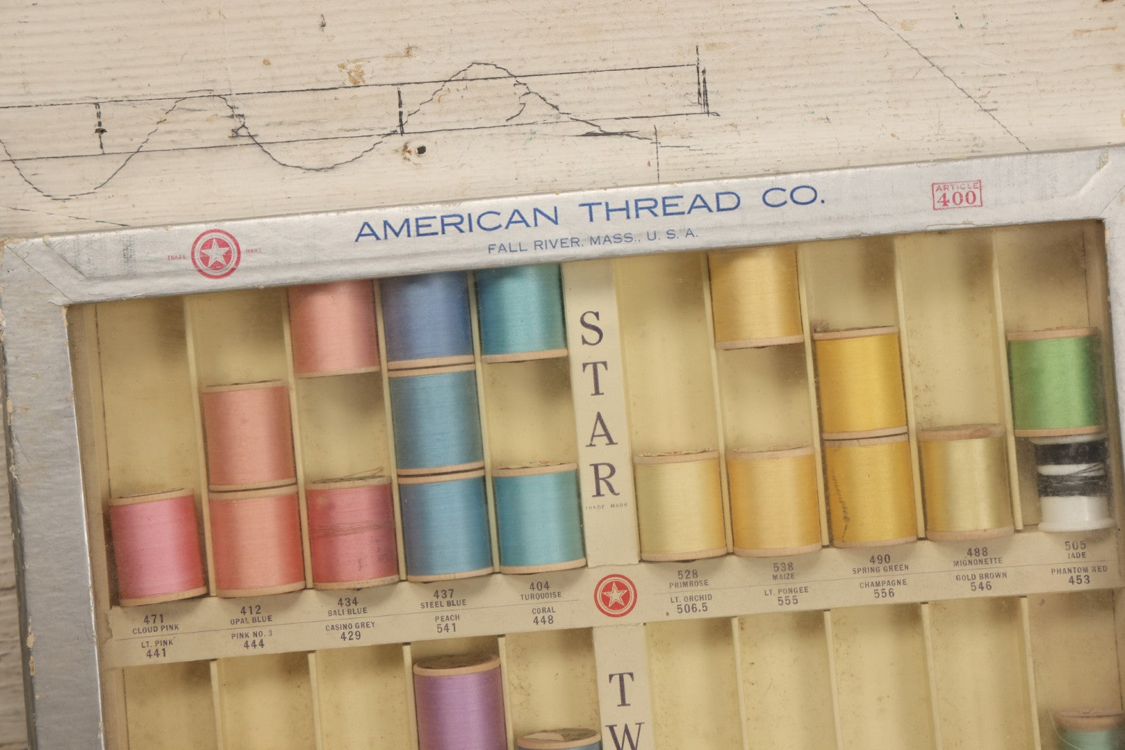 Lot 116 - Antique Star Twist Silver Thread Display Case With Hinged Lid, Pastel Colored Cotton Thread On Wooden Spools, And Ribbon Supports, American Thread Co., Fall River, Massachusetts