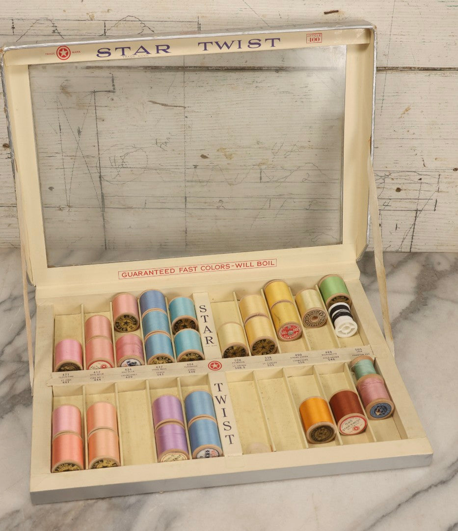 Lot 116 - Antique Star Twist Silver Thread Display Case With Hinged Lid, Pastel Colored Cotton Thread On Wooden Spools, And Ribbon Supports, American Thread Co., Fall River, Massachusetts