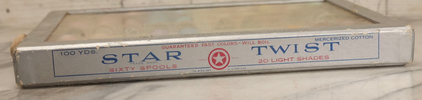 Lot 116 - Antique Star Twist Silver Thread Display Case With Hinged Lid, Pastel Colored Cotton Thread On Wooden Spools, And Ribbon Supports, American Thread Co., Fall River, Massachusetts