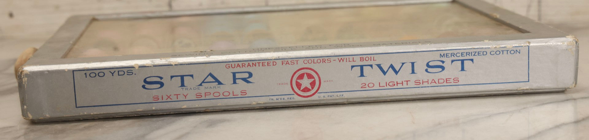 Lot 116 - Antique Star Twist Silver Thread Display Case With Hinged Lid, Pastel Colored Cotton Thread On Wooden Spools, And Ribbon Supports, American Thread Co., Fall River, Massachusetts