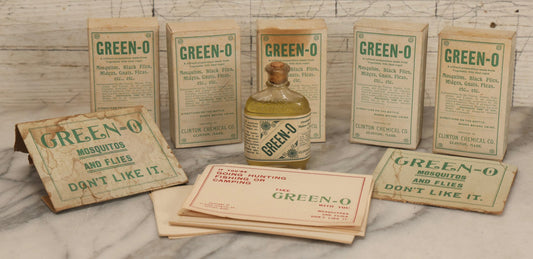 Lot 119 - Grouping Of Five Vintage Green-O Insecticide Boxes With Bottles, Display Box Pieces, And Advertising Cards, Clinton Chemical Co., Clinton, Massachusetts