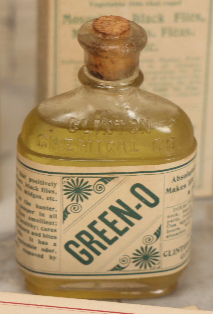 Lot 119 - Grouping Of Five Vintage Green-O Insecticide Boxes With Bottles, Display Box Pieces, And Advertising Cards, Clinton Chemical Co., Clinton, Massachusetts