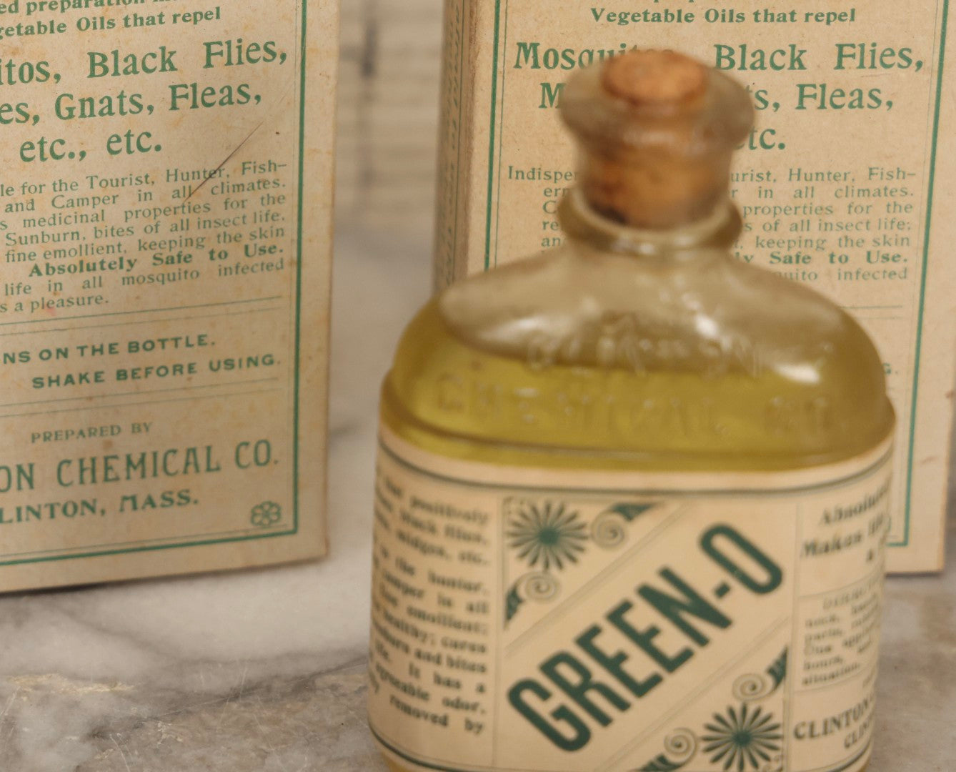 Lot 119 - Grouping Of Five Vintage Green-O Insecticide Boxes With Bottles, Display Box Pieces, And Advertising Cards, Clinton Chemical Co., Clinton, Massachusetts