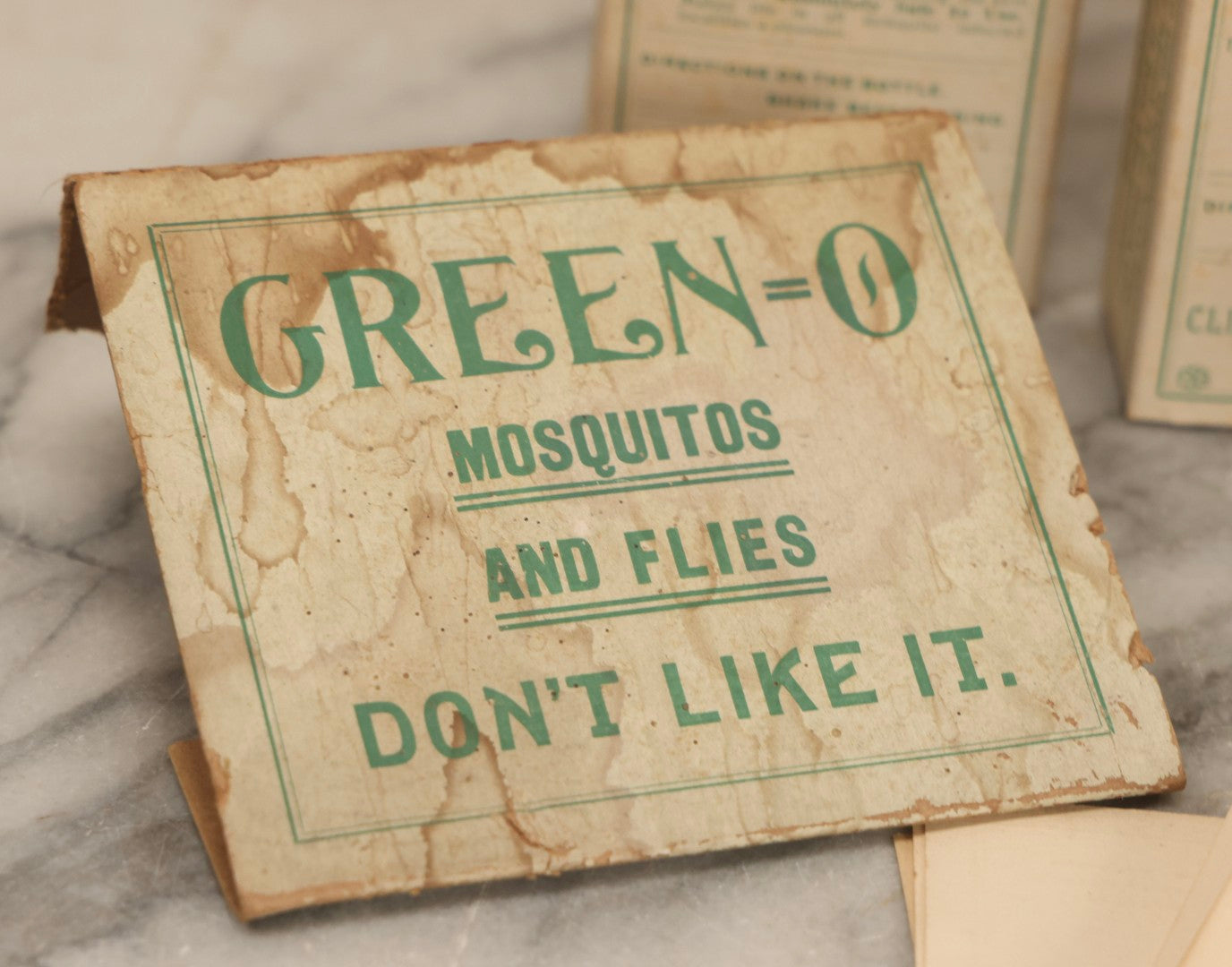 Lot 119 - Grouping Of Five Vintage Green-O Insecticide Boxes With Bottles, Display Box Pieces, And Advertising Cards, Clinton Chemical Co., Clinton, Massachusetts