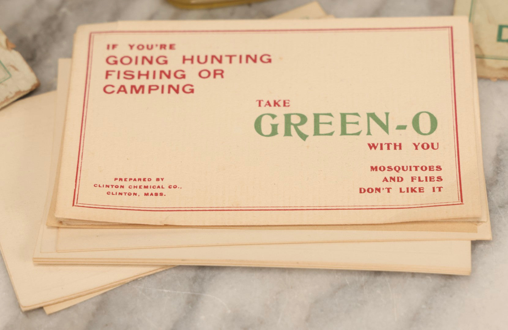 Lot 119 - Grouping Of Five Vintage Green-O Insecticide Boxes With Bottles, Display Box Pieces, And Advertising Cards, Clinton Chemical Co., Clinton, Massachusetts