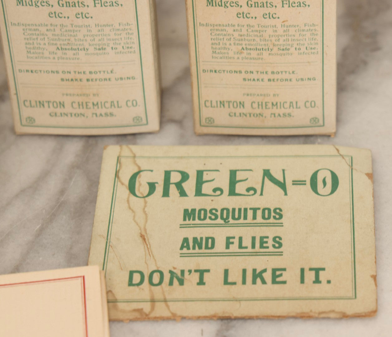 Lot 119 - Grouping Of Five Vintage Green-O Insecticide Boxes With Bottles, Display Box Pieces, And Advertising Cards, Clinton Chemical Co., Clinton, Massachusetts