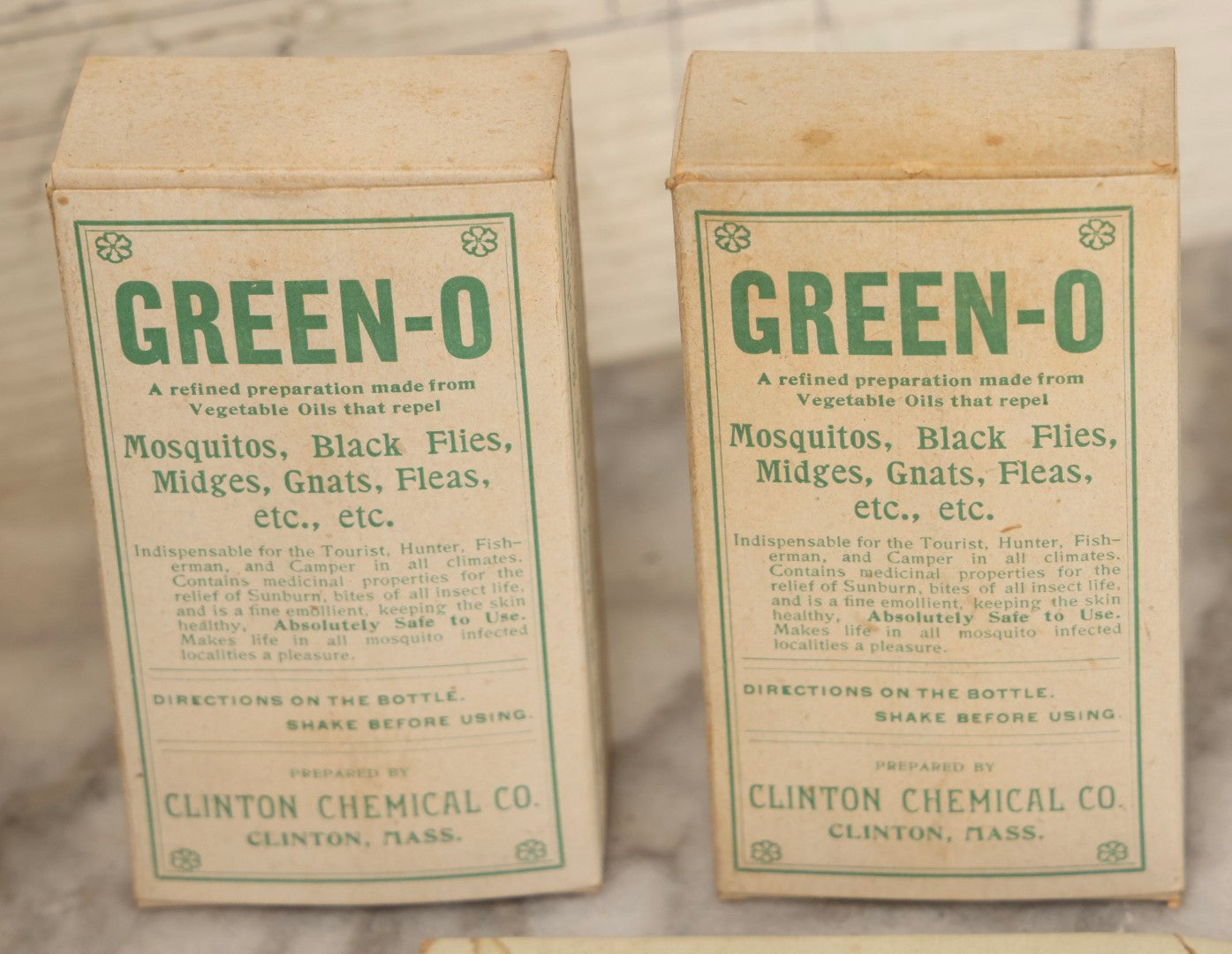 Lot 119 - Grouping Of Five Vintage Green-O Insecticide Boxes With Bottles, Display Box Pieces, And Advertising Cards, Clinton Chemical Co., Clinton, Massachusetts