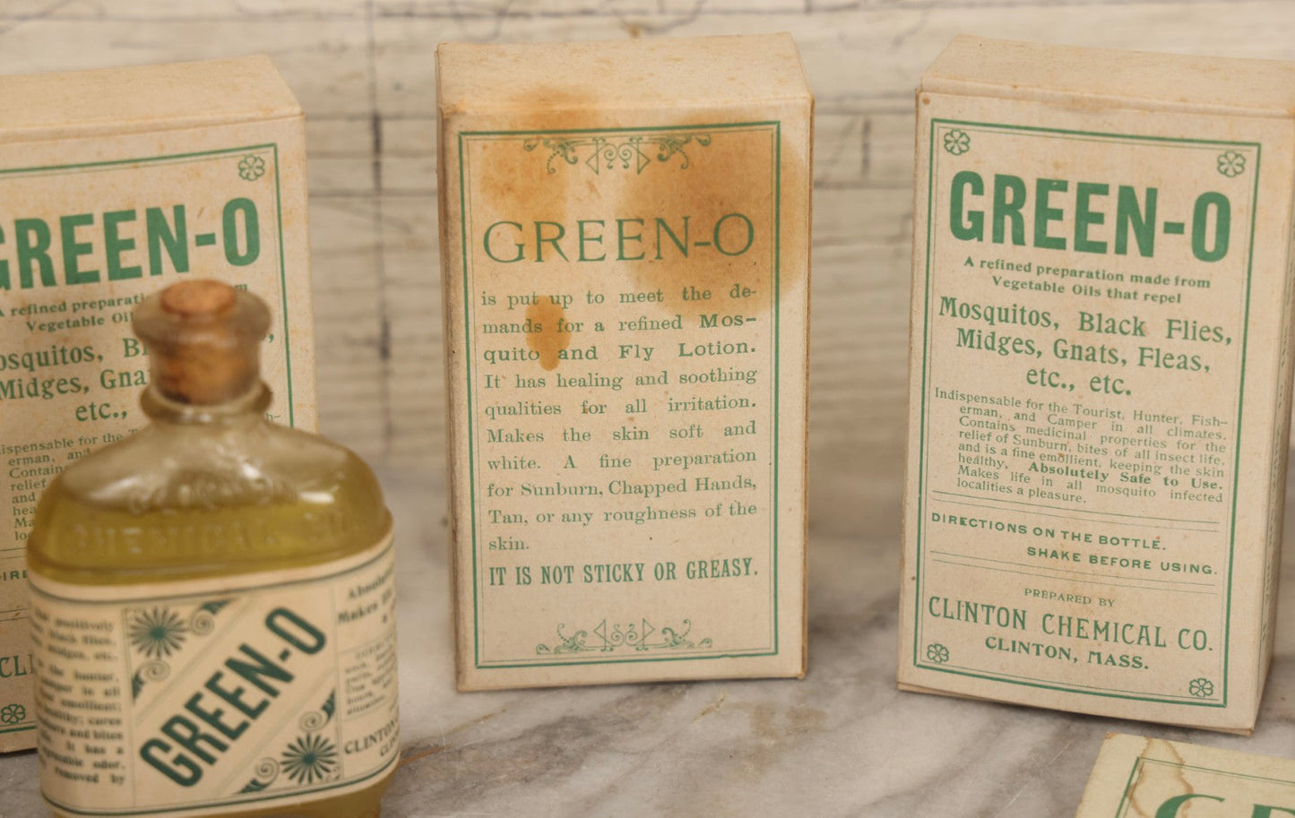 Lot 119 - Grouping Of Five Vintage Green-O Insecticide Boxes With Bottles, Display Box Pieces, And Advertising Cards, Clinton Chemical Co., Clinton, Massachusetts