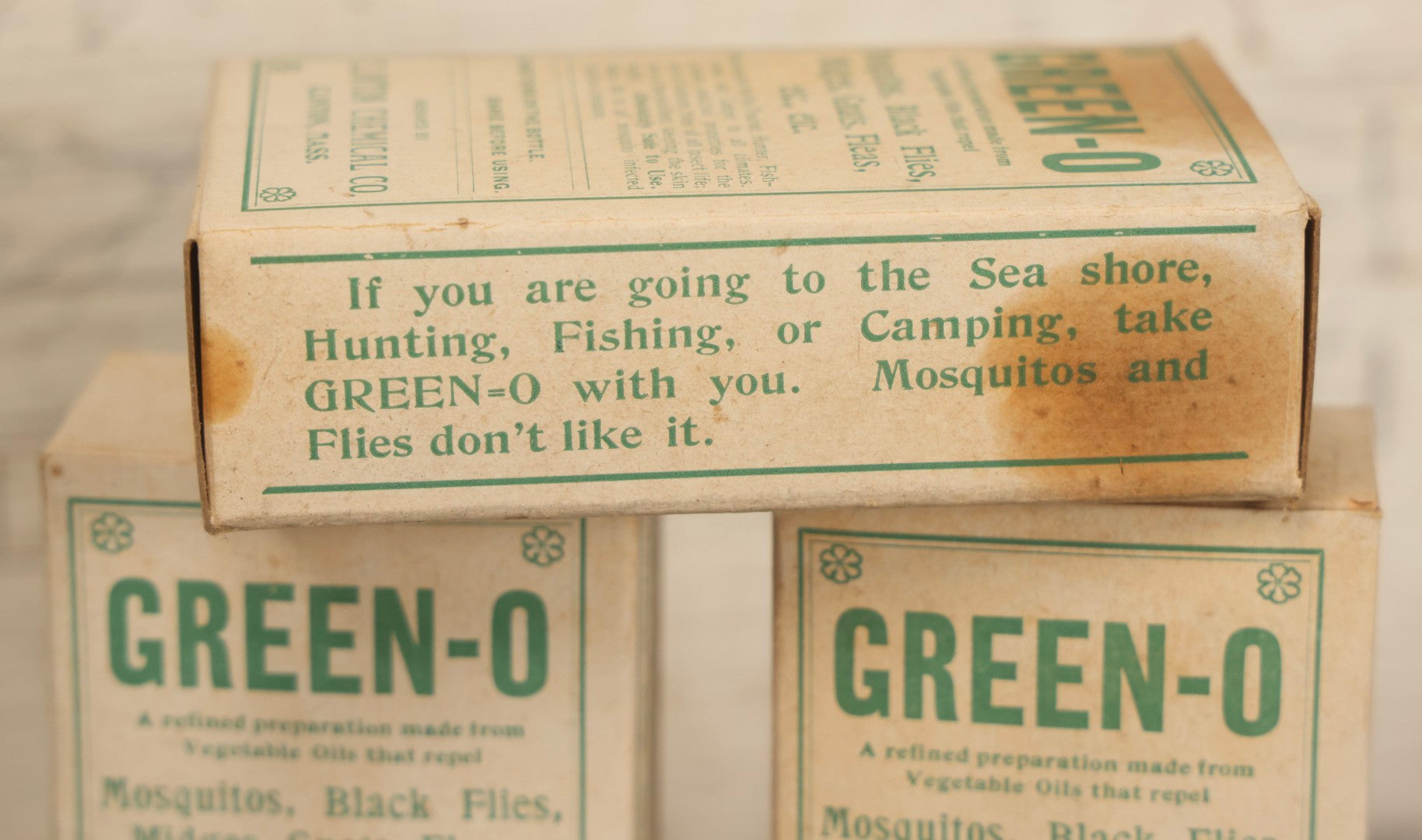 Lot 119 - Grouping Of Five Vintage Green-O Insecticide Boxes With Bottles, Display Box Pieces, And Advertising Cards, Clinton Chemical Co., Clinton, Massachusetts