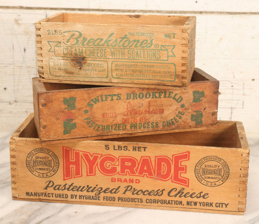 Lot 120 - Grouping Of Three Vintage Wooden Cheese Boxes Including Hygrade Brand, Swift's Brookfield White American, And Breakstone's Cream Cheese With Scallions
