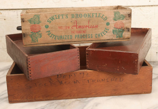 Lot 121 - Grouping Of Four Vintage Wooden Crates Including Swift's Brookfield Yellow American And Dept 72 Stockroom Transfer Crate