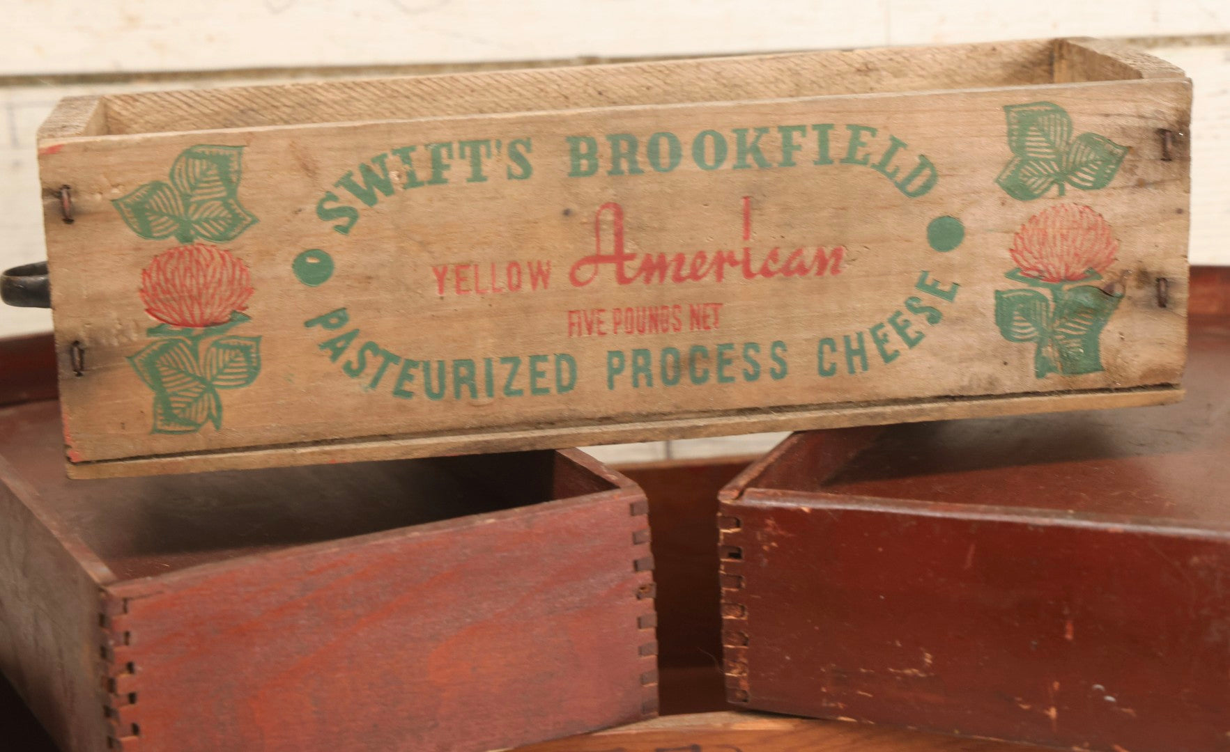 Lot 121 - Grouping Of Four Vintage Wooden Crates Including Swift's Brookfield Yellow American And Dept 72 Stockroom Transfer Crate