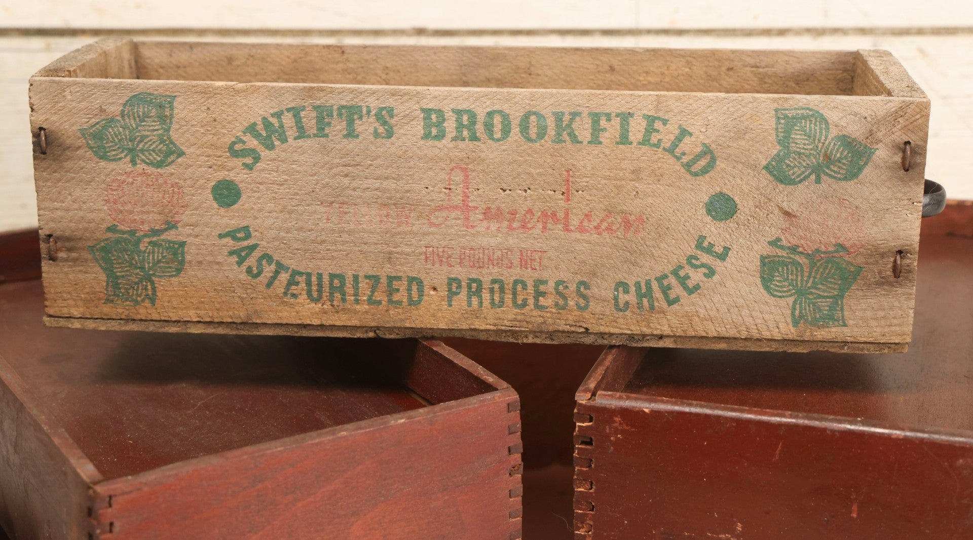 Lot 121 - Grouping Of Four Vintage Wooden Crates Including Swift's Brookfield Yellow American And Dept 72 Stockroom Transfer Crate