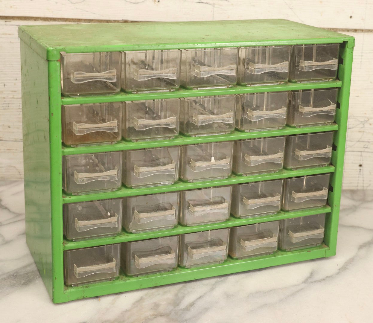 Lot 122 - Vintage Green Metal 25-Drawer Parts Organizer Cabinet With Clear Plastic Drawers