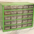 Lot 122 - Vintage Green Metal 25-Drawer Parts Organizer Cabinet With Clear Plastic Drawers