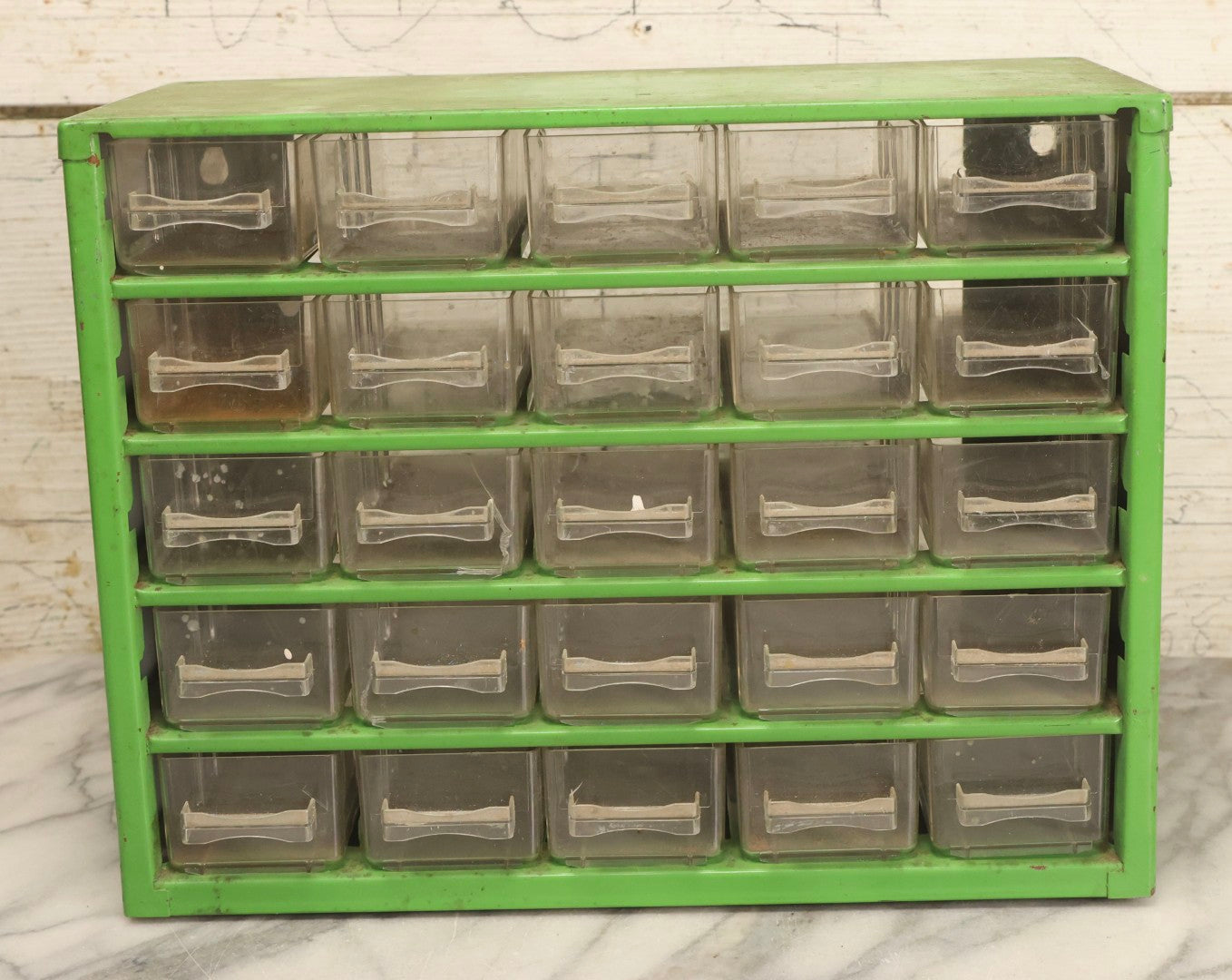 Lot 122 - Vintage Green Metal 25-Drawer Parts Organizer Cabinet With Clear Plastic Drawers