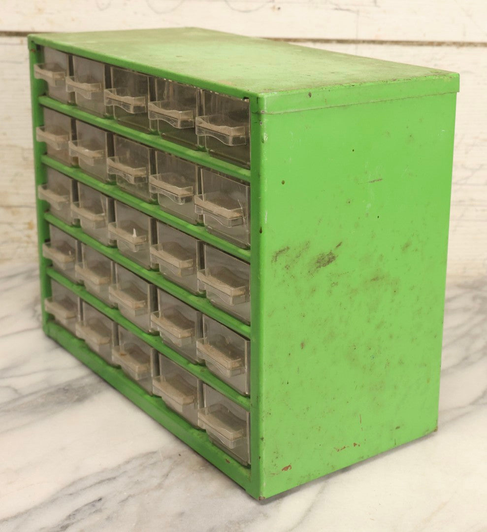 Lot 122 - Vintage Green Metal 25-Drawer Parts Organizer Cabinet With Clear Plastic Drawers